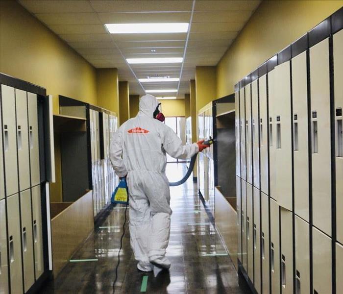 Technician spraying disinfectant on school lockers
